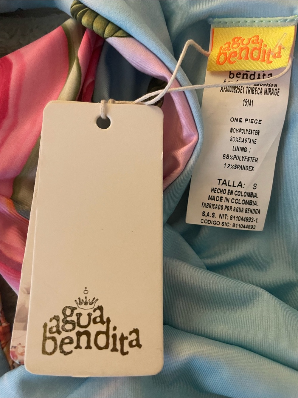 Agua Bendita Floral Splash One-Piece Swimsuit in Blue & Pink -Sz S - Picture 6 of 7